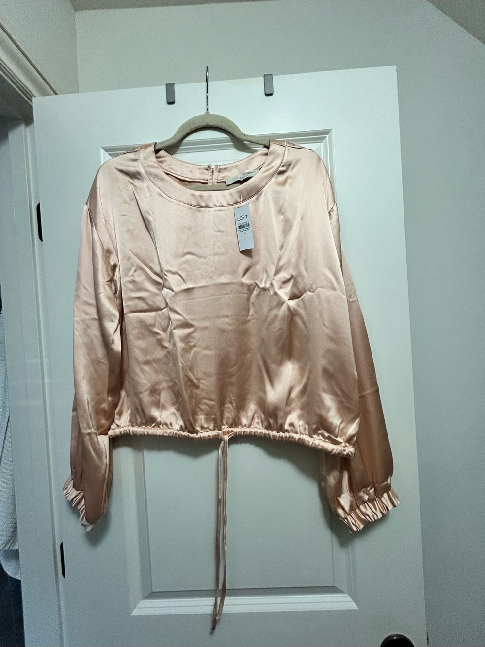 LOFT Satin Drawstring Crop Top in Soft Peach like Blush Pink